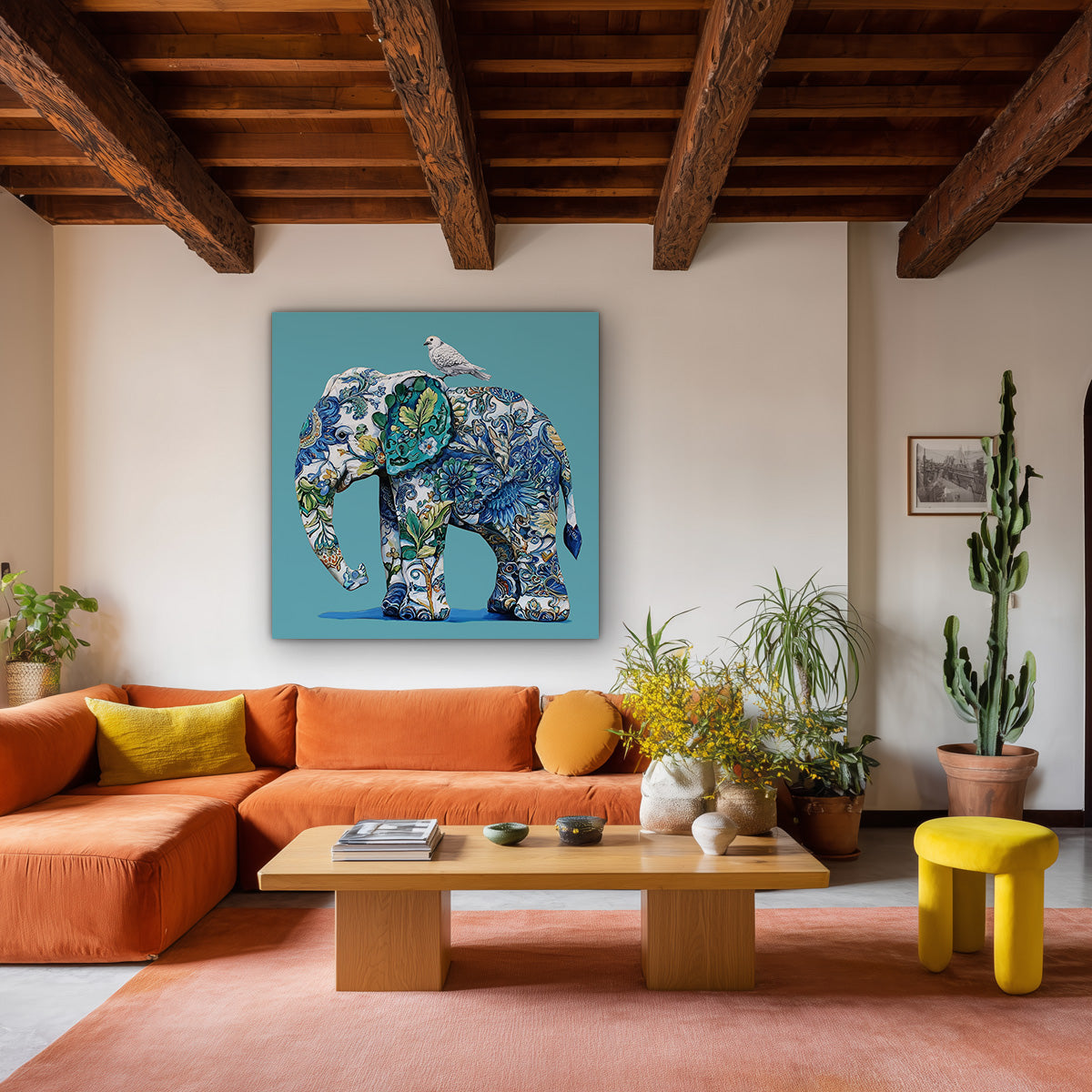 Delfts Blauw Olifant met Vogel Porselein Stijl Schilderij