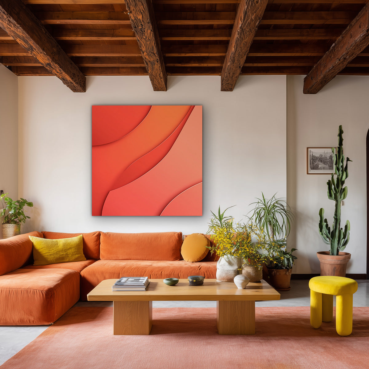 Fließende Orange Wellen Abstrakt Minimalistisches Gemälde