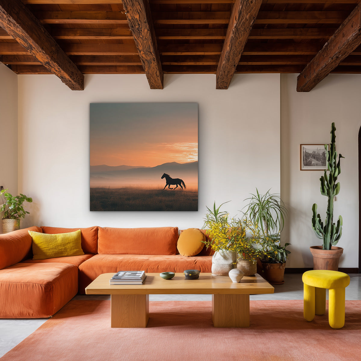 Paard in Schemering Mistig Landschap Zonsondergang Schilderij