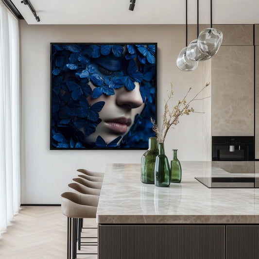 Frauengesicht mit tiefblauen Schmetterlingen Surrealistisches Gemälde