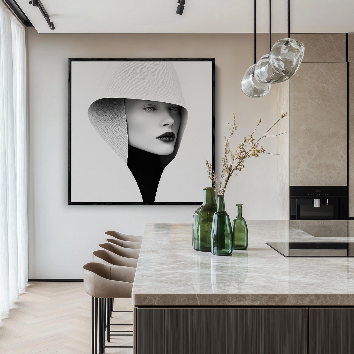 Futuristic Female Portrait White Hood Minimalist Painting