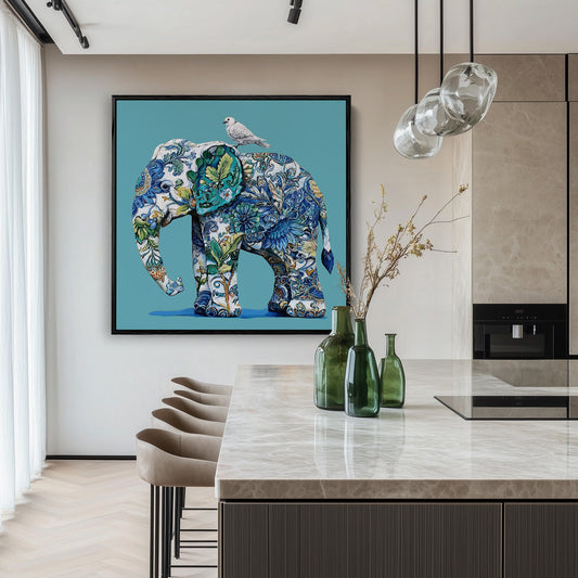 Delfts blauw olifant canvas schilderij aan de muur boven het bed in de slaapkamer