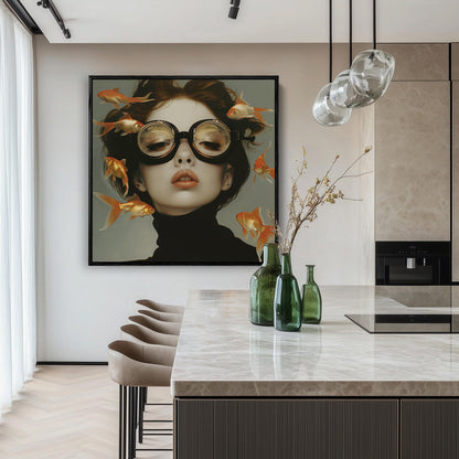 Woman with Round Glasses Goldfish Surreal Dream Portrait Painting