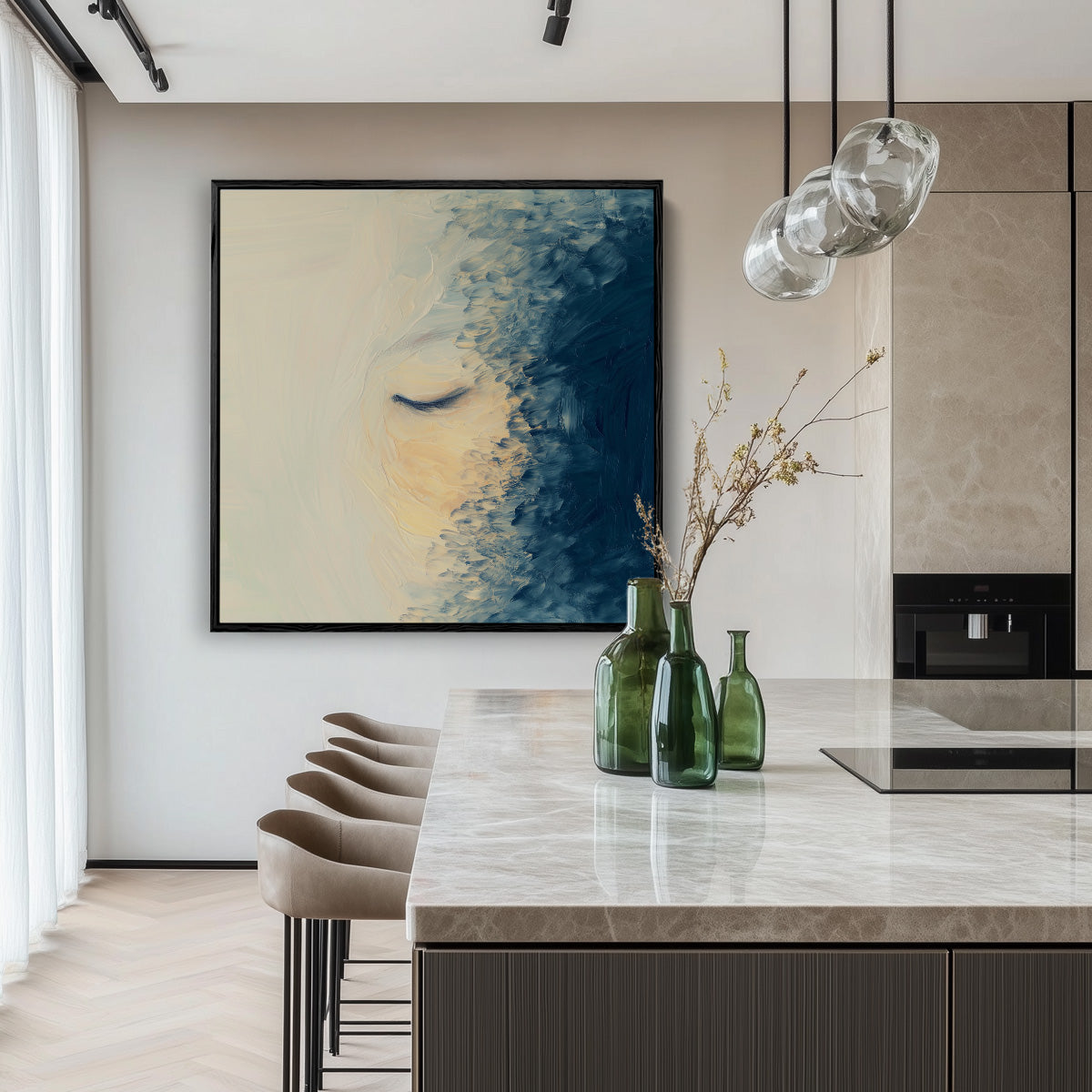 Female Face Closed Eyes Dark Blue Expressionist Painting