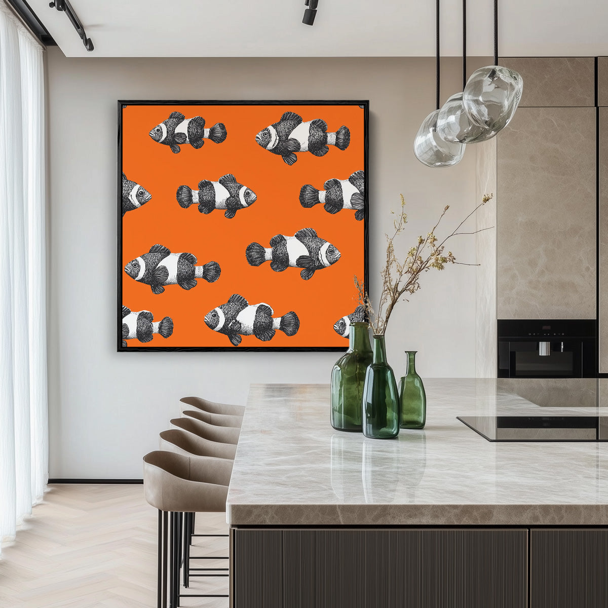 Black White Clownfish Repeat Pattern Orange Background Painting
