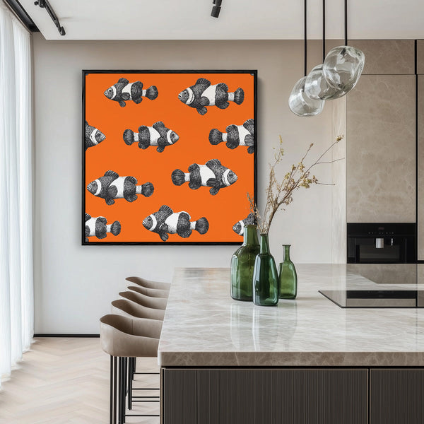 Black White Clownfish Repeat Pattern Orange Background Painting