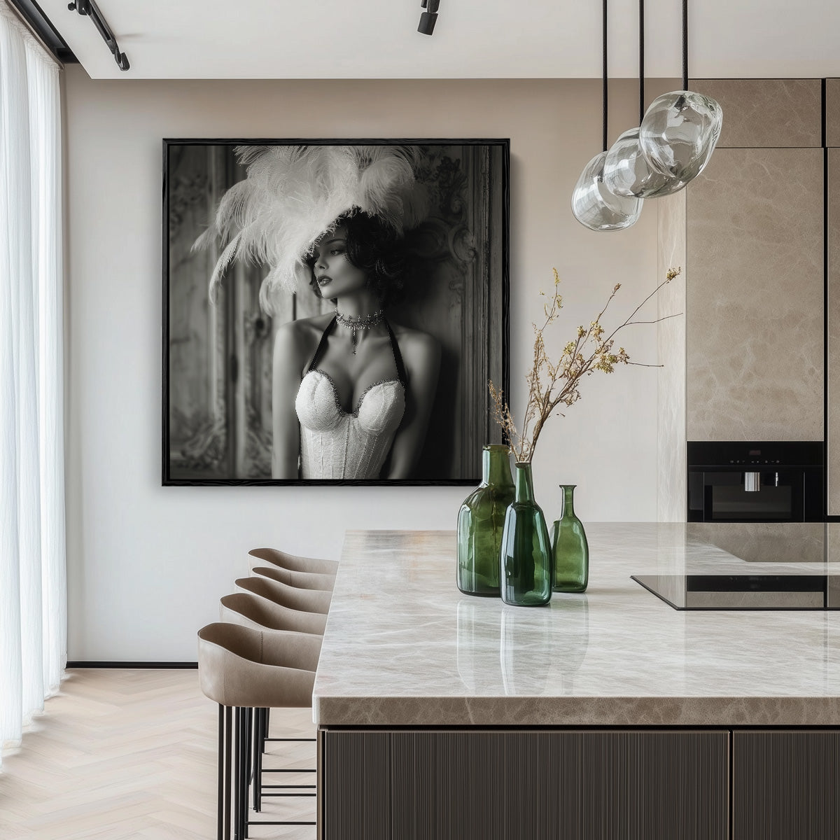 Elegant Woman Feather Hat Black White Belle Époque Portrait Painting