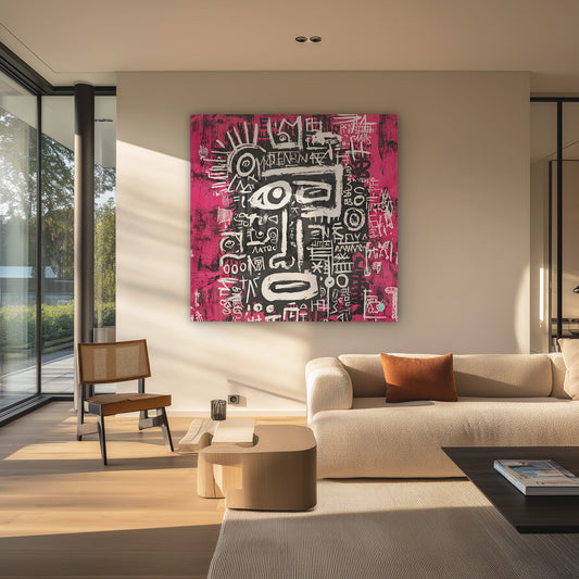 Grafisch gezicht canvas schilderij aan de muur boven het bed in de slaapkamer