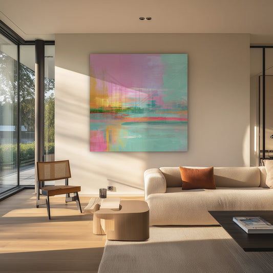 Pastel zonsondergang canvas schilderij aan de muur in de hal