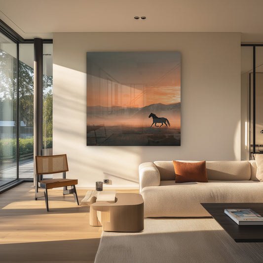 Paard bij zonsondergang canvas schilderij boven het bed in de slaapkamer.