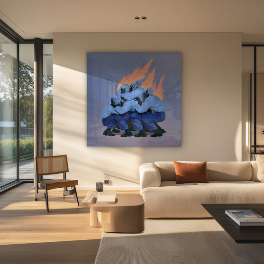Niebieskie postacie z płomieniami obraz na płótnie nad łóżkiem w sypialni.