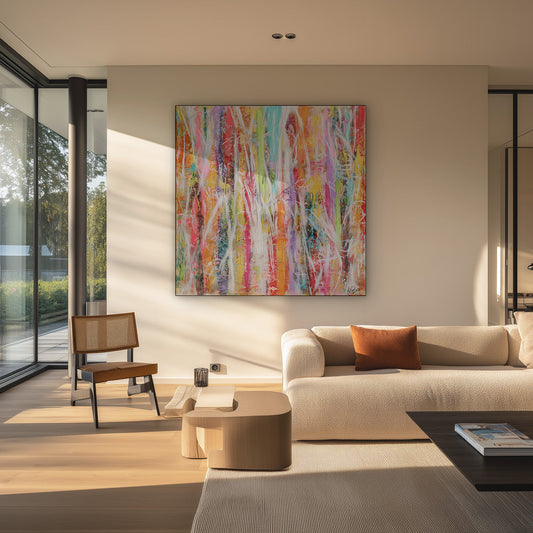 Kleurrijke strepen canvas schilderij aan de muur in de hal