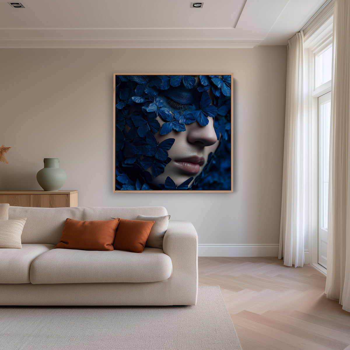 Woman's Face with Deep Blue Butterflies Surreal Painting