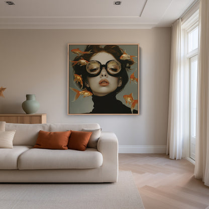 Woman with Round Glasses Goldfish Surreal Dream Portrait Painting