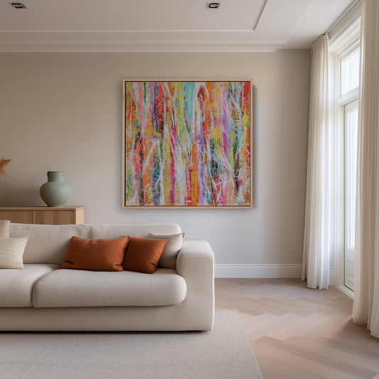 Kleurrijke strepen canvas schilderij aan de muur boven het bed in de slaapkamer