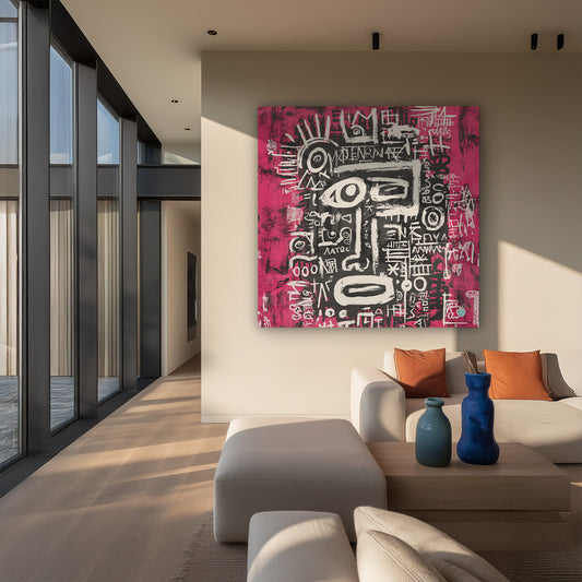 Grafisch gezicht canvas schilderij aan de muur in de hal
