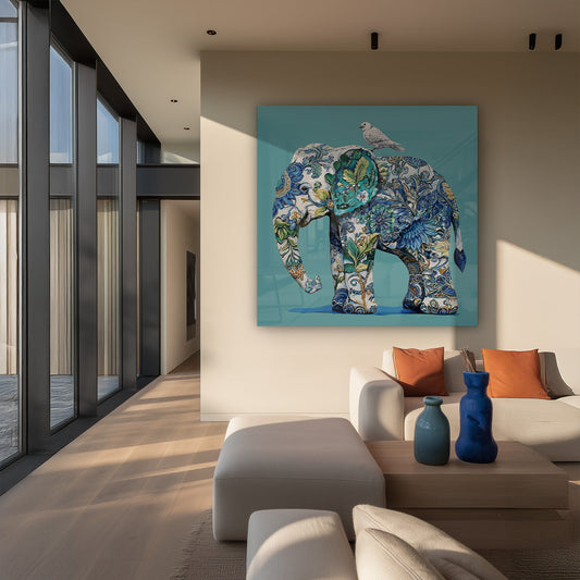 Delfts blauw olifant canvas schilderij aan de muur in de hal