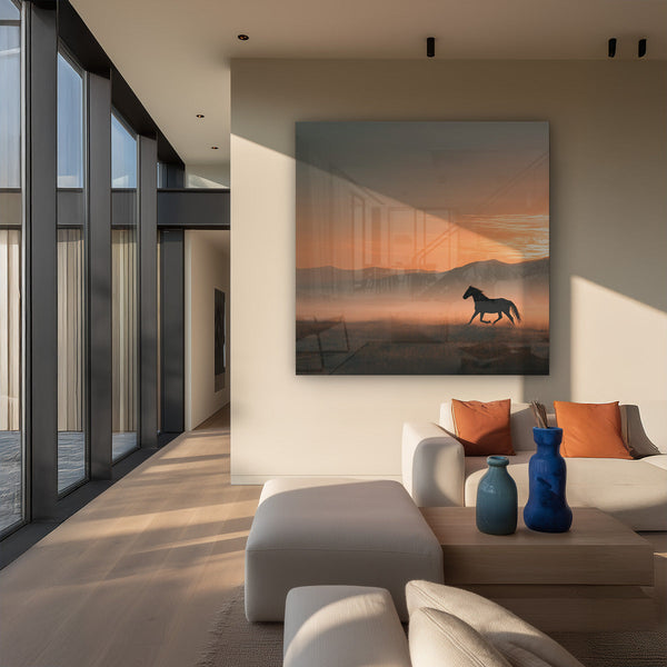 Paard in Schemering Mistig Landschap Zonsondergang Schilderij
