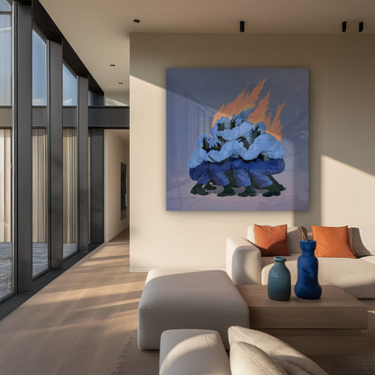 Surrealistische Blaue Figuren Feuer Einheit Symbolisches Gemälde