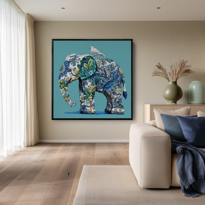 Delfts Blauw Olifant met Vogel Porselein Stijl Schilderij