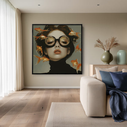 Woman with Round Glasses Goldfish Surreal Dream Portrait Painting