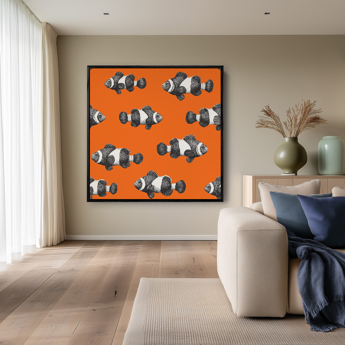 Black White Clownfish Repeat Pattern Orange Background Painting