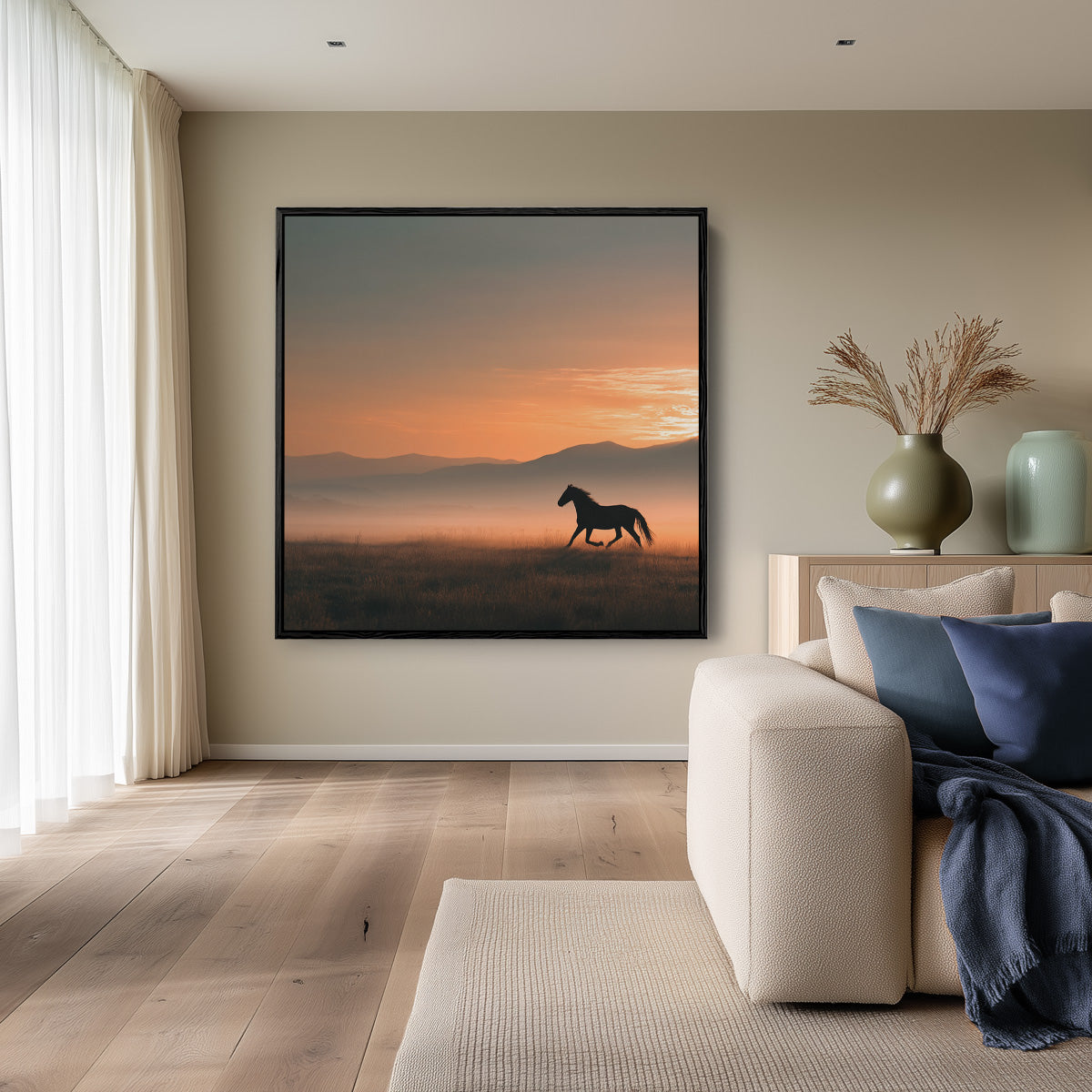 Paard in Schemering Mistig Landschap Zonsondergang Schilderij