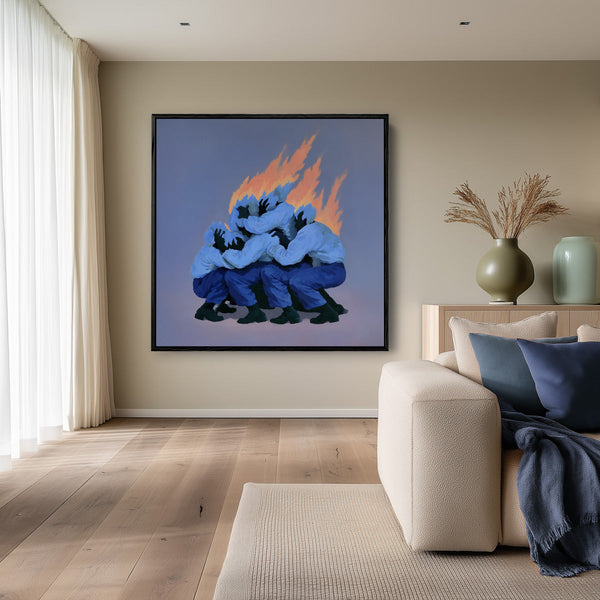 Surrealistische Blaue Figuren Feuer Einheit Symbolisches Gemälde