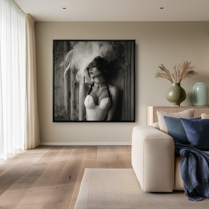 Elegant Woman Feather Hat Black White Belle Époque Portrait Painting