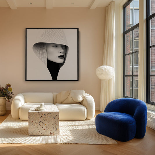 Futuristisch vrouwenportret canvas schilderij aan de muur in de hal