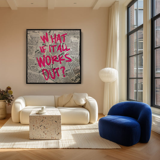 Pink text on newspaper canvas painting on the wall in the hallway