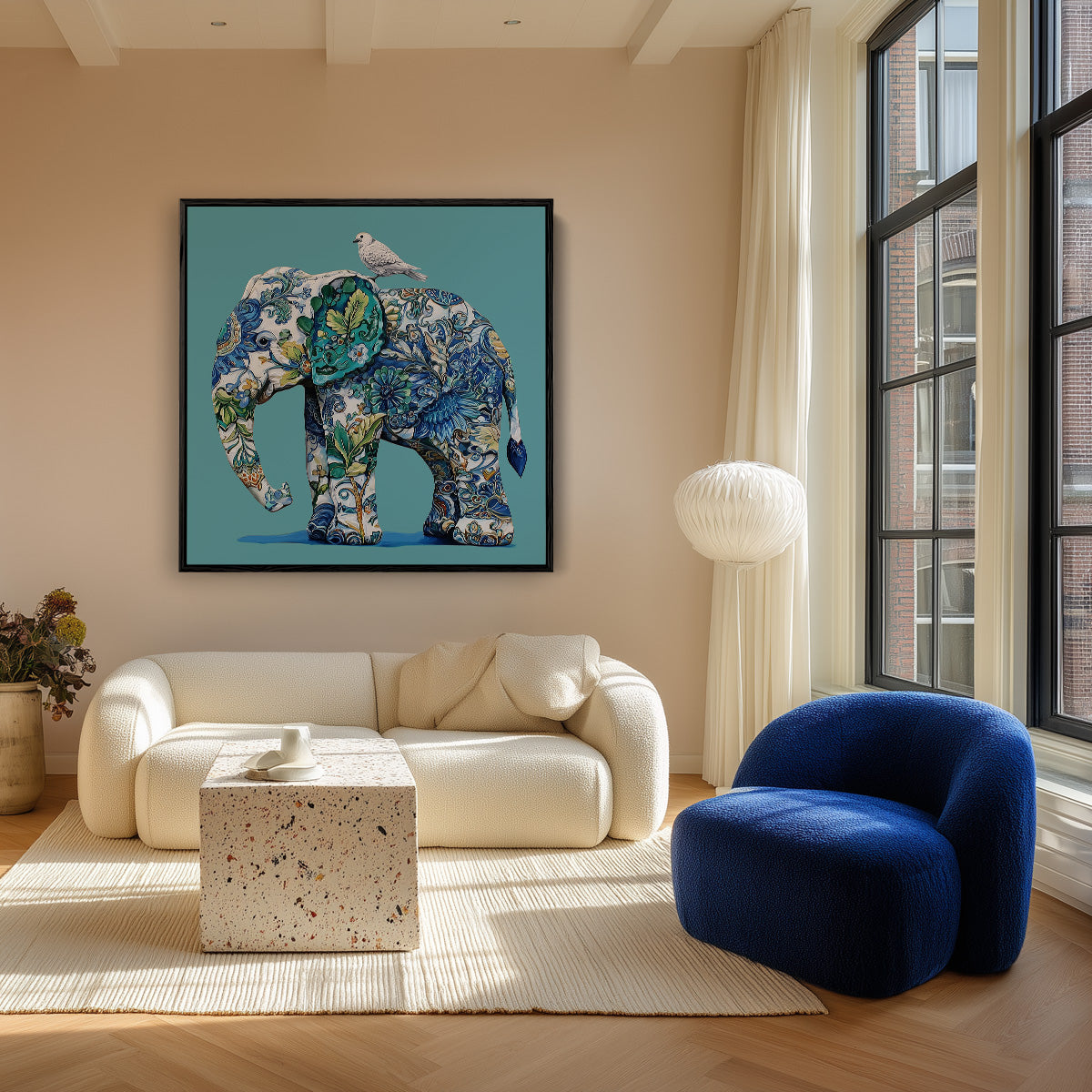 Delfts Blauw Olifant met Vogel Porselein Stijl Schilderij