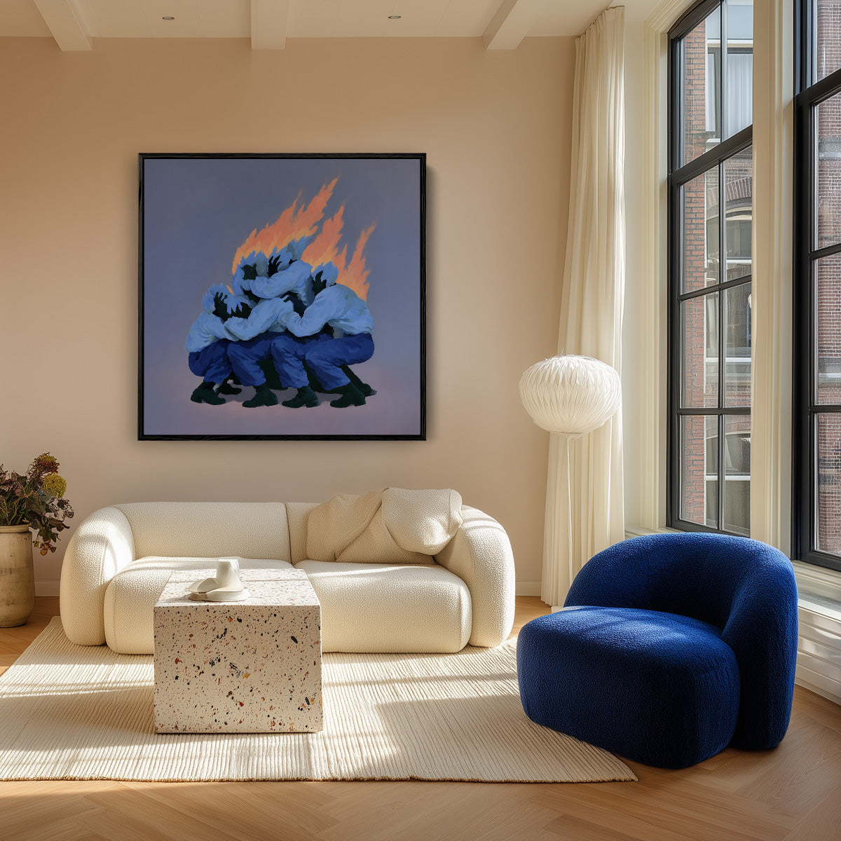 Surrealistische Blaue Figuren Feuer Einheit Symbolisches Gemälde