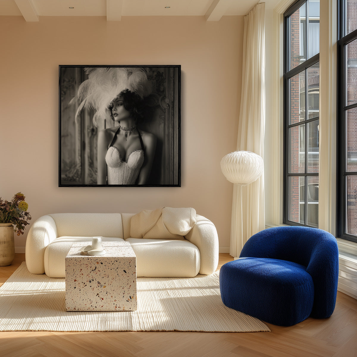 Elegant Woman Feather Hat Black White Belle Époque Portrait Painting