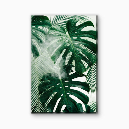 Tropische bladeren in de douche canvas schilderij in diepgroen en wit