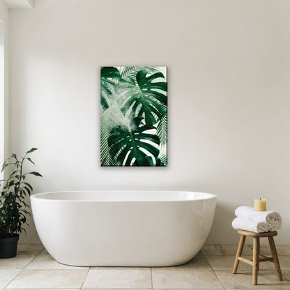 Tropische bladeren in de douche canvas schilderij aan de muur in de badkamer boven het bad