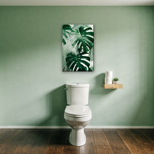 Tropische bladeren in de douche canvas schilderij aan de muur boven het toilet