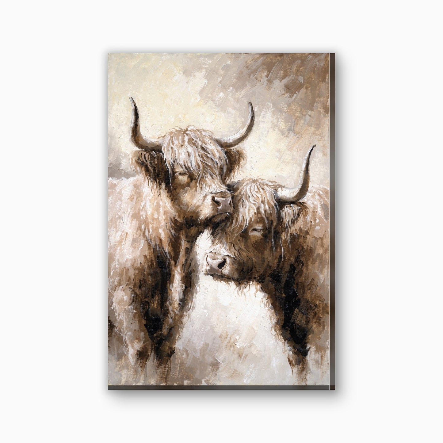 Twee hooglanders neus aan neus canvas schilderij in warmbruin en creme