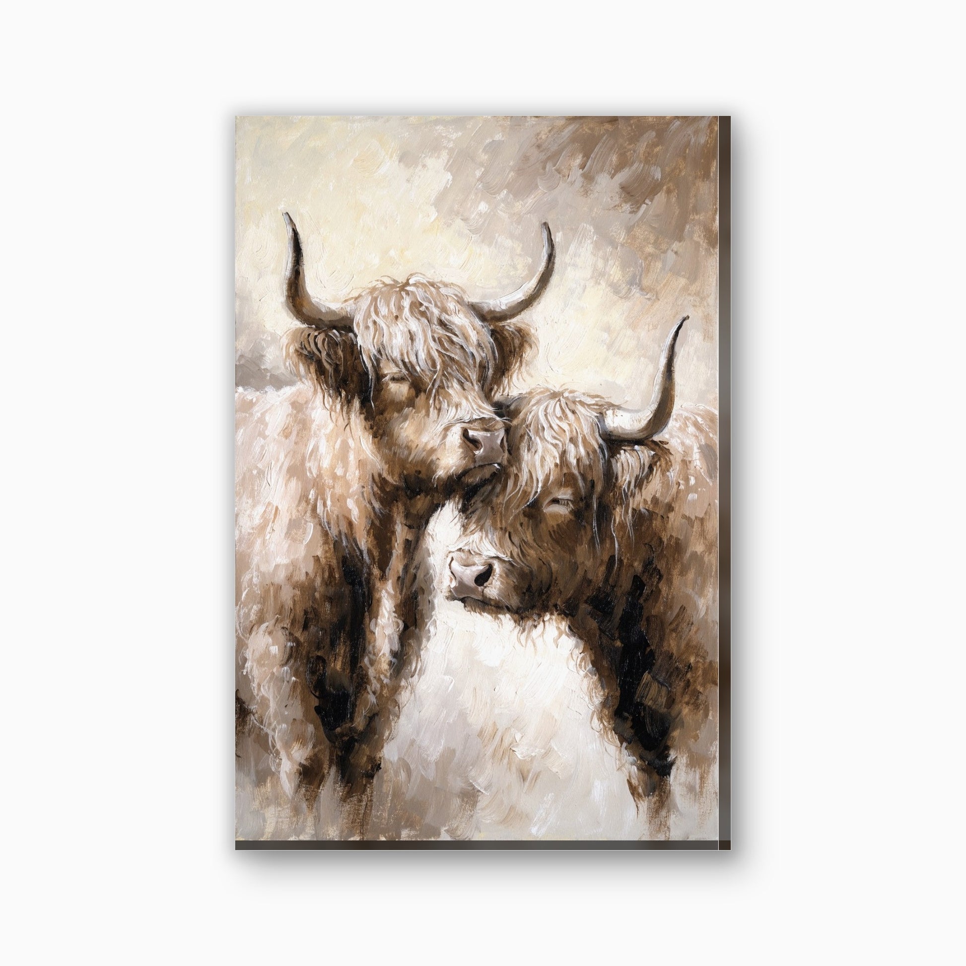 Twee hooglanders neus aan neus canvas schilderij in warmbruin en creme