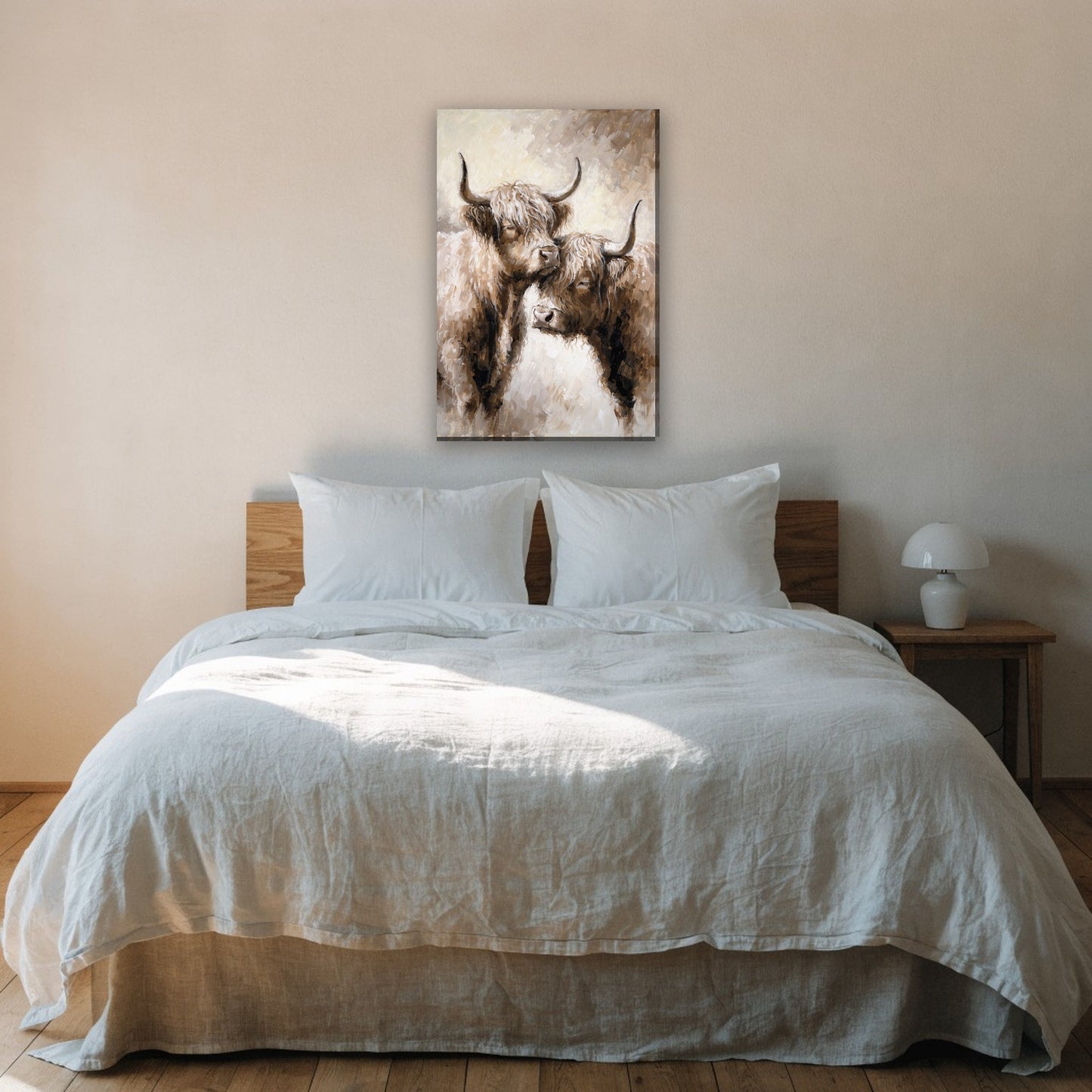 Twee hooglanders neus aan neus canvas schilderij aan de muur boven het bed in de slaapkamer