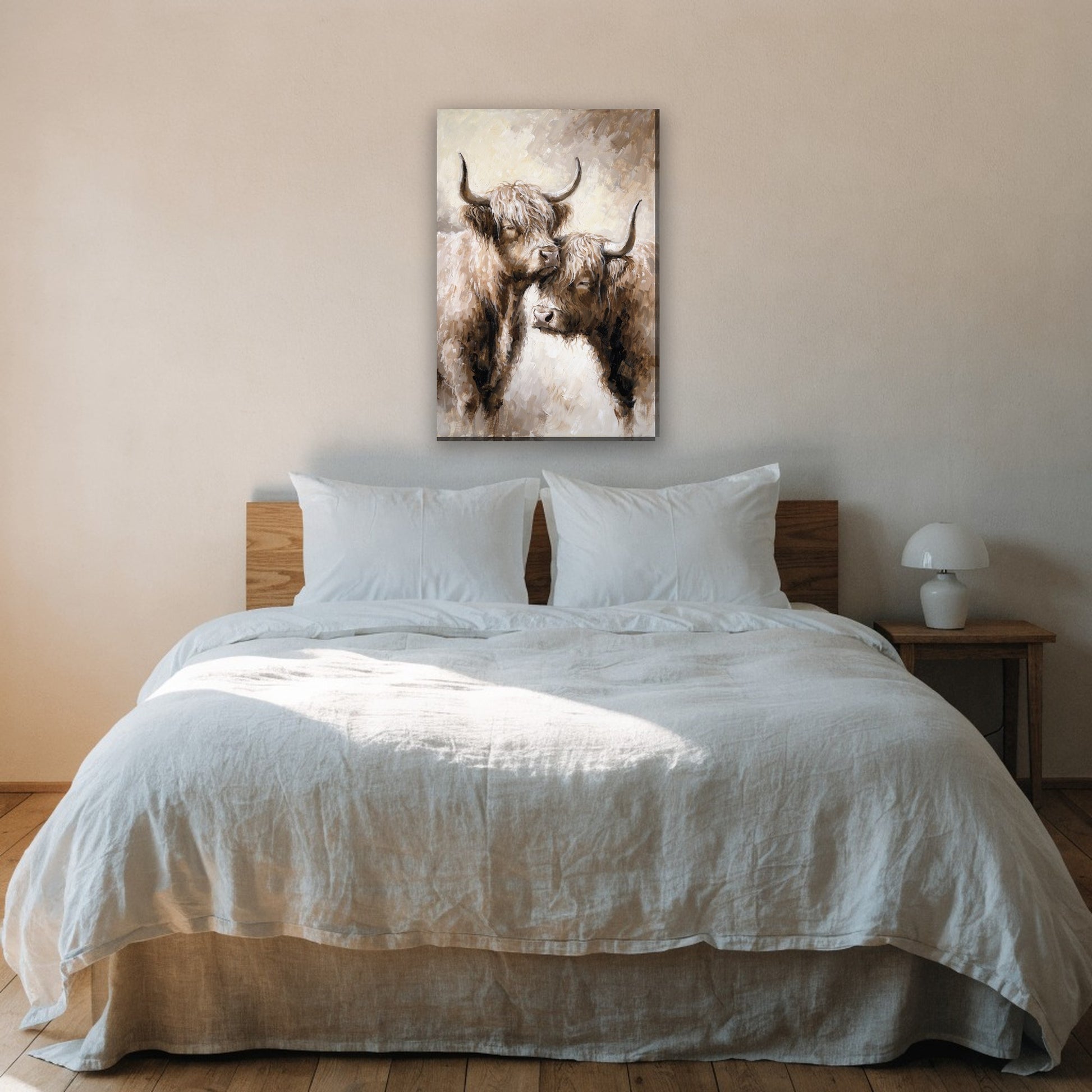 Twee hooglanders neus aan neus canvas schilderij aan de muur boven het bed in de slaapkamer