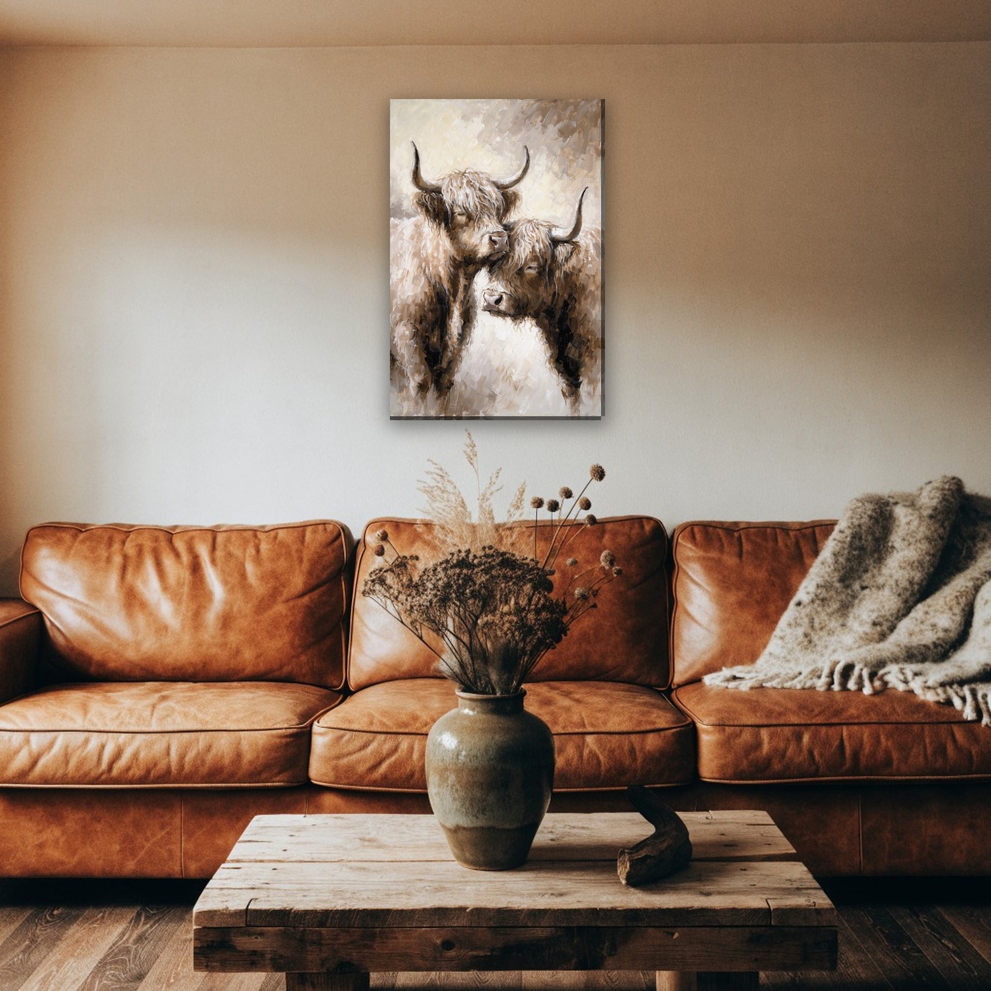 Twee hooglanders neus aan neus canvas schilderij aan de muur boven de bank in een landelijke woonkamer