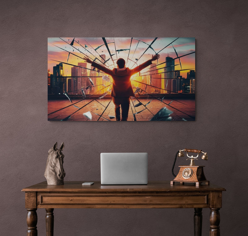Stadsgezicht met brekend glas en silhouet van zonsondergang – Canvas wandkunst