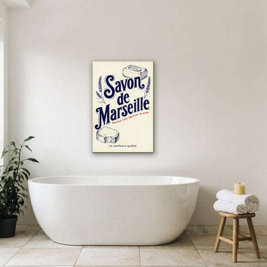 Vintage zeep advertentie canvas schilderij aan de muur in de badkamer boven het bad