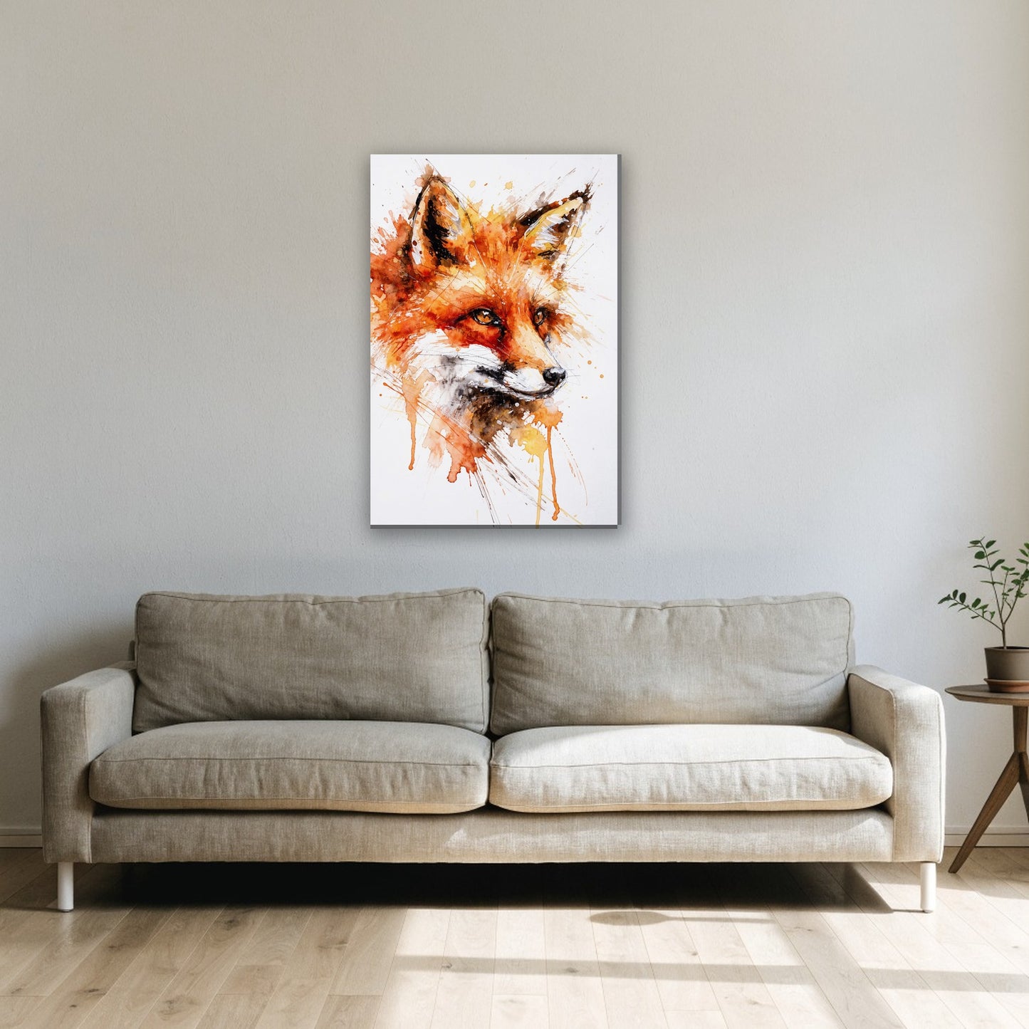 Vos portret in aquarel canvas schilderij aan de muur boven de bank in de woonkamer