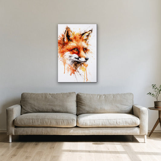 Vos portret in aquarel canvas schilderij aan de muur boven de bank in de woonkamer