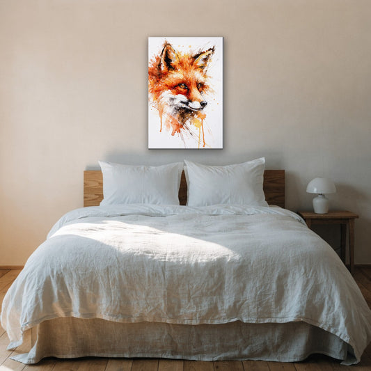 Vos portret in aquarel canvas schilderij aan de muur boven het bed in de slaapkamer