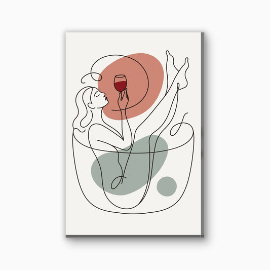 Vrouw in bad met wijn canvas schilderij in terracotta en saliegroen