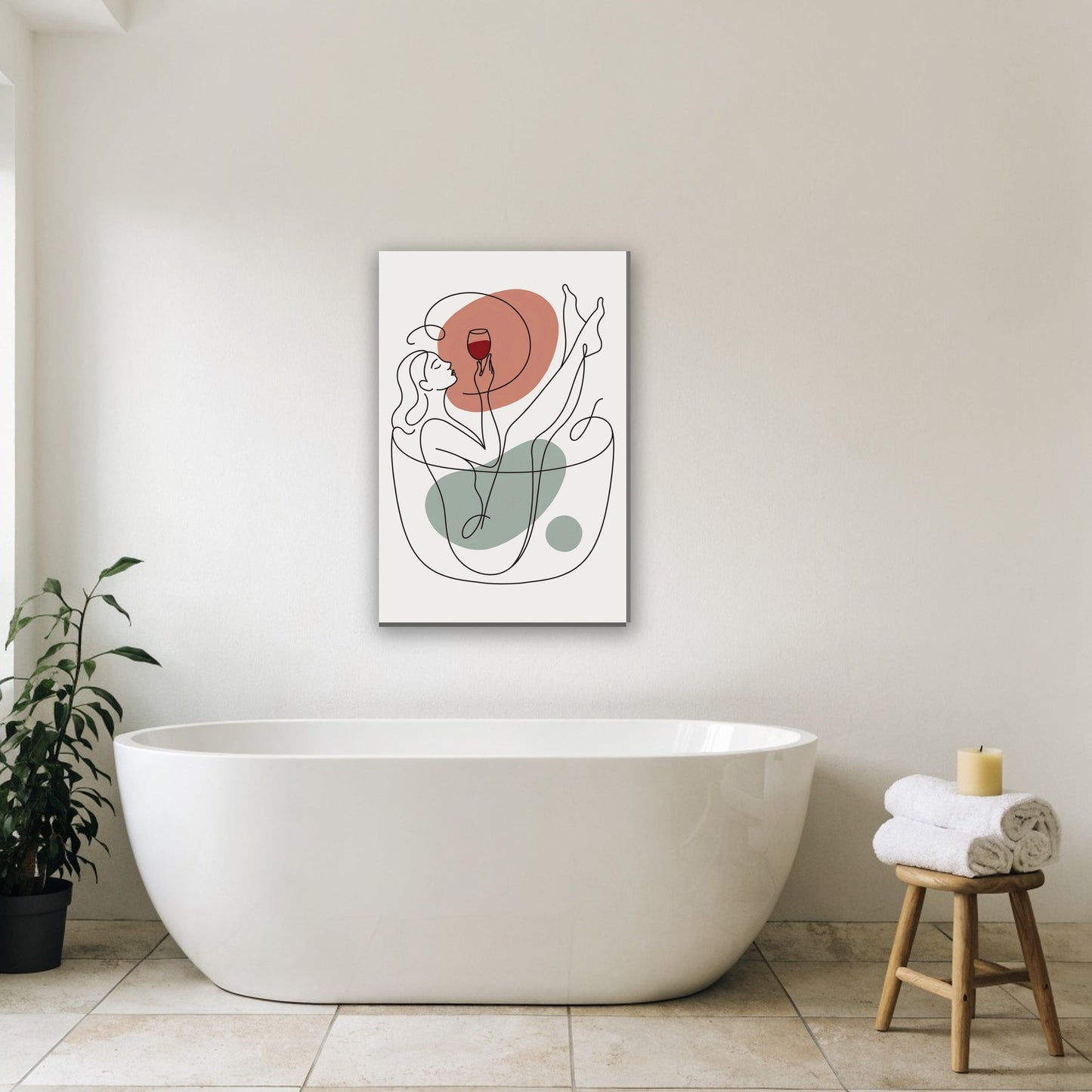 Vrouw in bad met wijn canvas schilderij aan de muur in de badkamer boven het bad