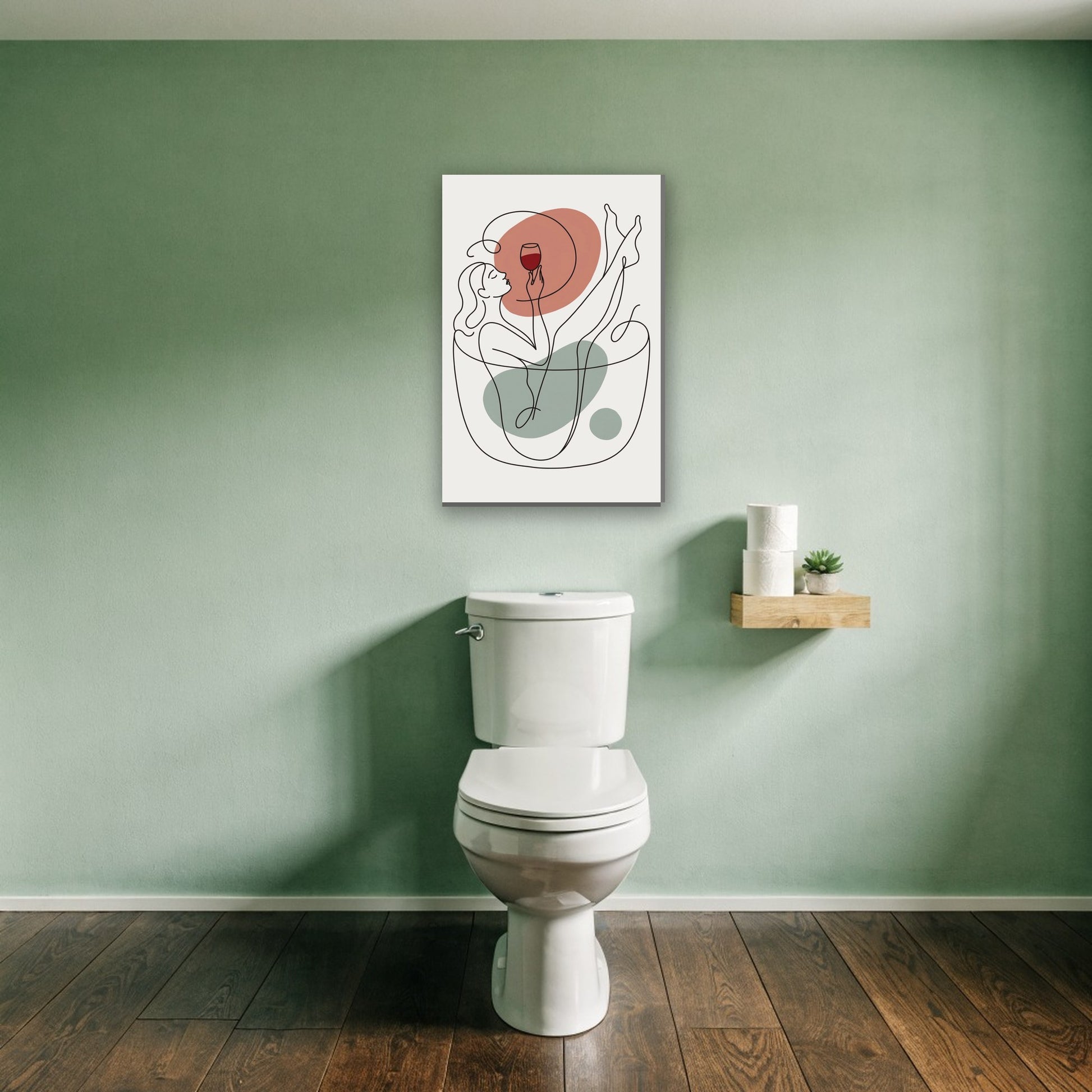 Vrouw in bad met wijn canvas schilderij aan de muur boven het toilet